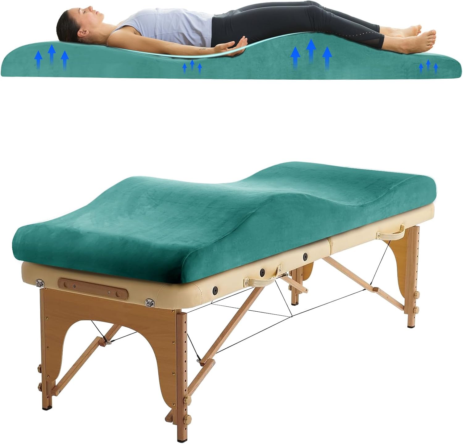 Ergonomic Curved Lash Bed Memory Foam Topper Massage Table Pad with Plush Velvet Cover Peacock Blue 70"x24" Zevon