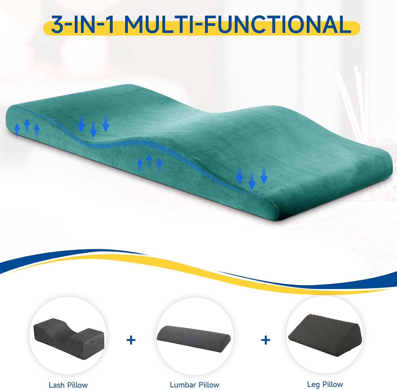 Ergonomic Curved Lash Bed Memory Foam Topper Massage Table Pad with Plush Velvet Cover Peacock Blue 70"x24" Zevon