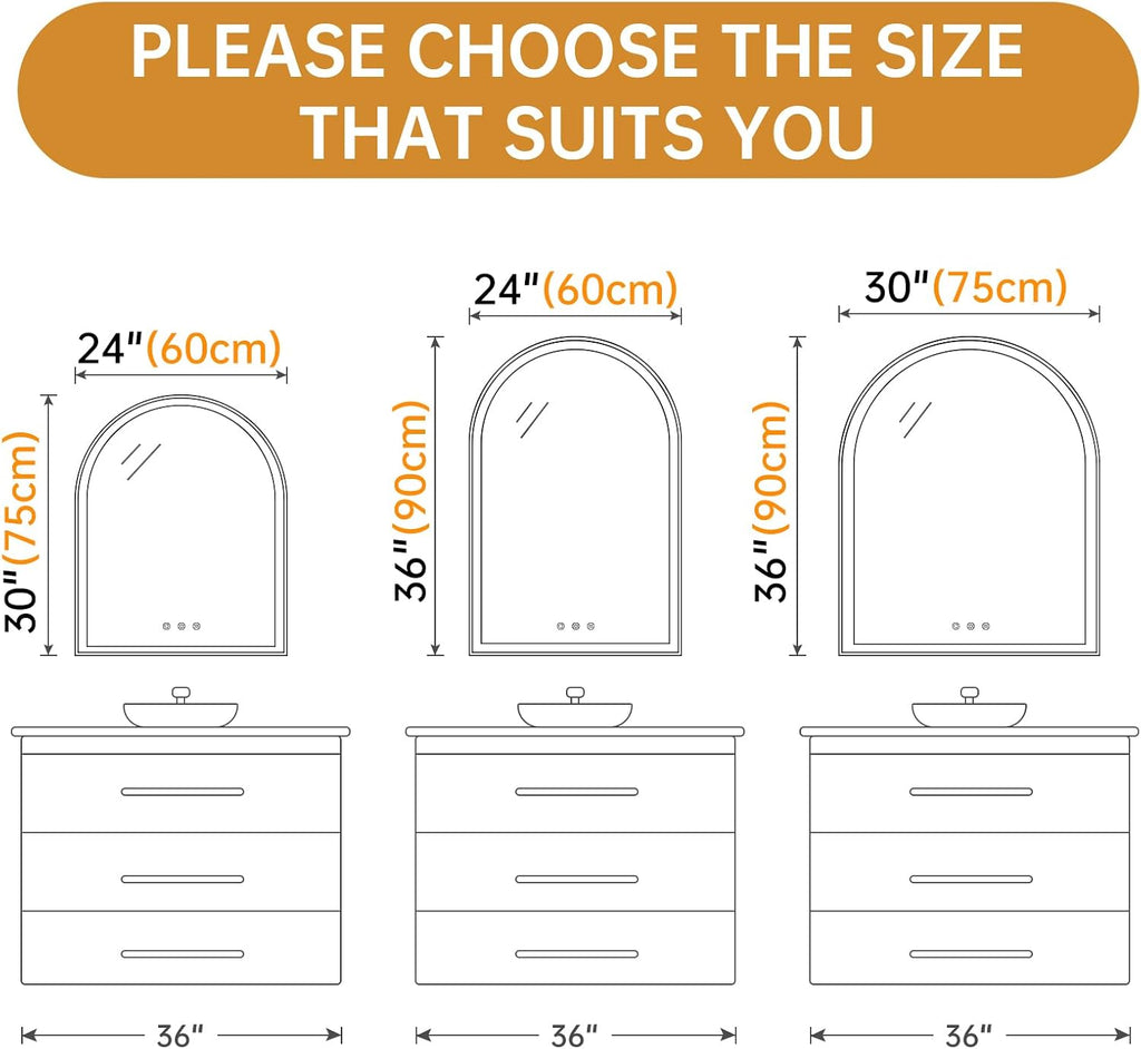 24"x36" Arched LED Bathroom Mirror with Lights Fogless Dimmable Shatterproof 3 Color Changing Touch Sensor Silver Zevon