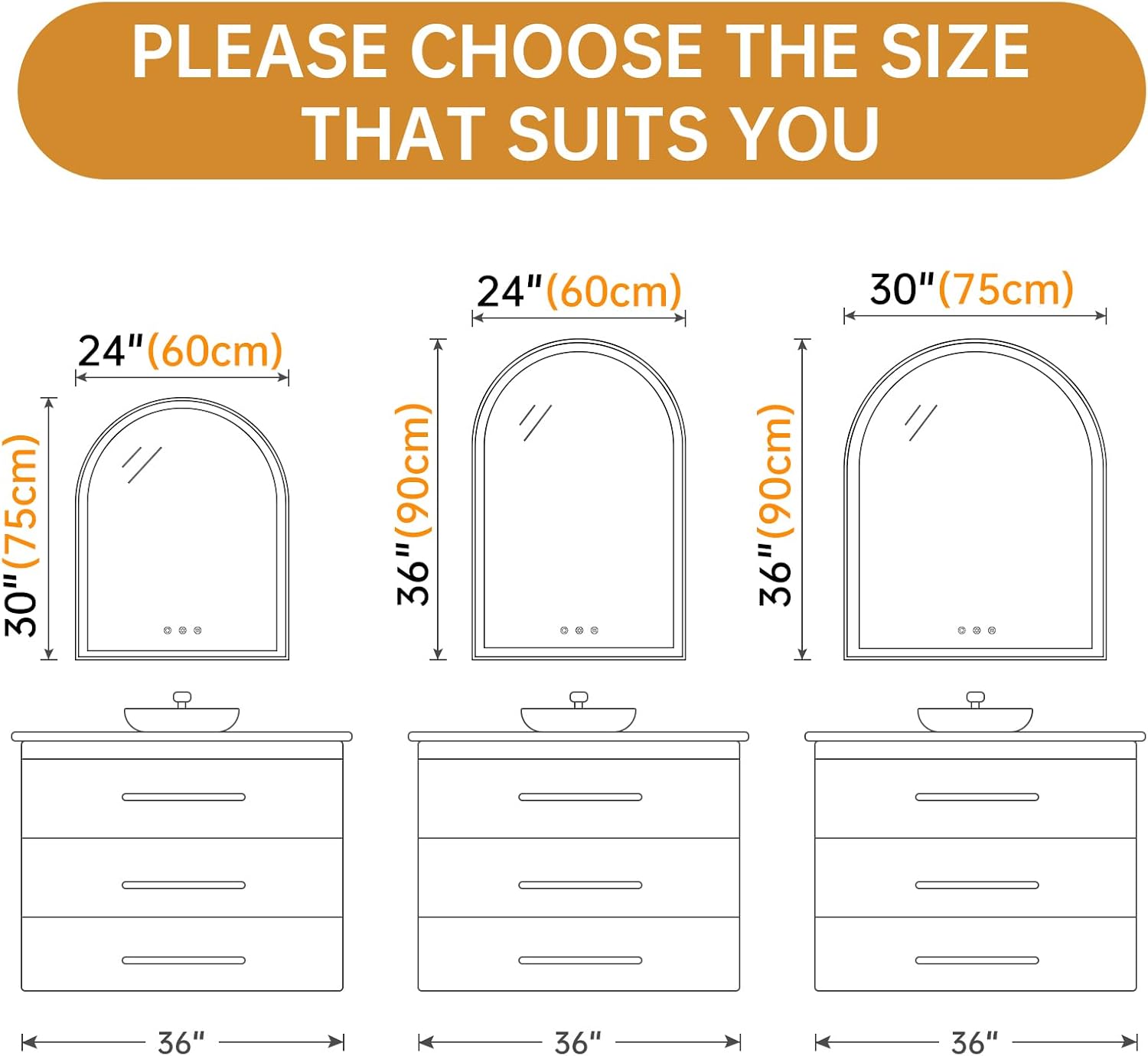 24"x36" Arched LED Bathroom Mirror with Lights Fogless Dimmable Shatterproof 3 Color Changing Touch Sensor Silver Zevon