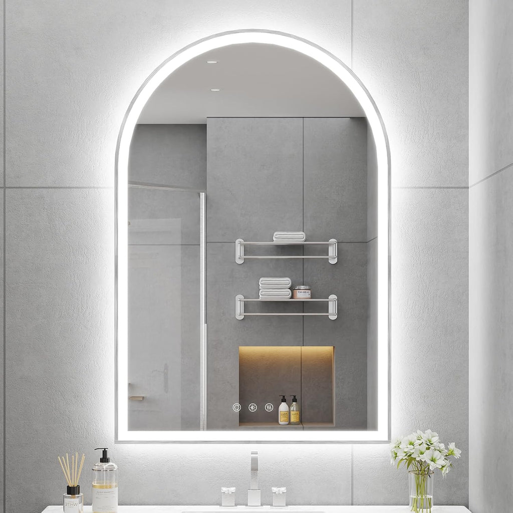 24"x36" Arched LED Bathroom Mirror with Lights Fogless Dimmable Shatterproof 3 Color Changing Touch Sensor Silver Zevon