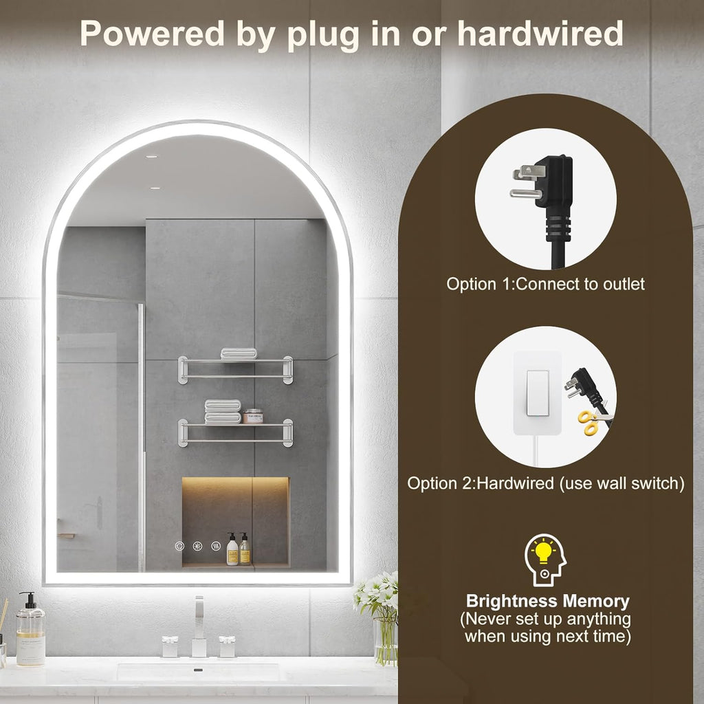 24"x36" Arched LED Bathroom Mirror with Lights Fogless Dimmable Shatterproof 3 Color Changing Touch Sensor Silver Zevon