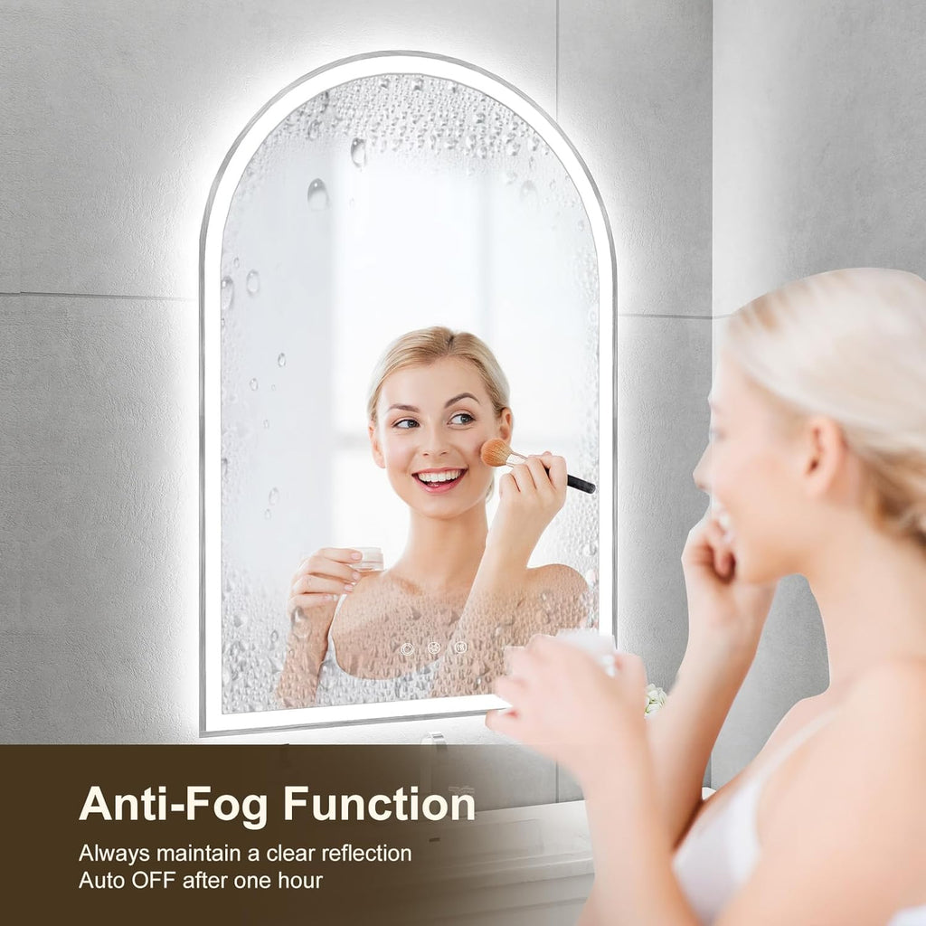 24"x36" Arched LED Bathroom Mirror with Lights Fogless Dimmable Shatterproof 3 Color Changing Touch Sensor Silver Zevon
