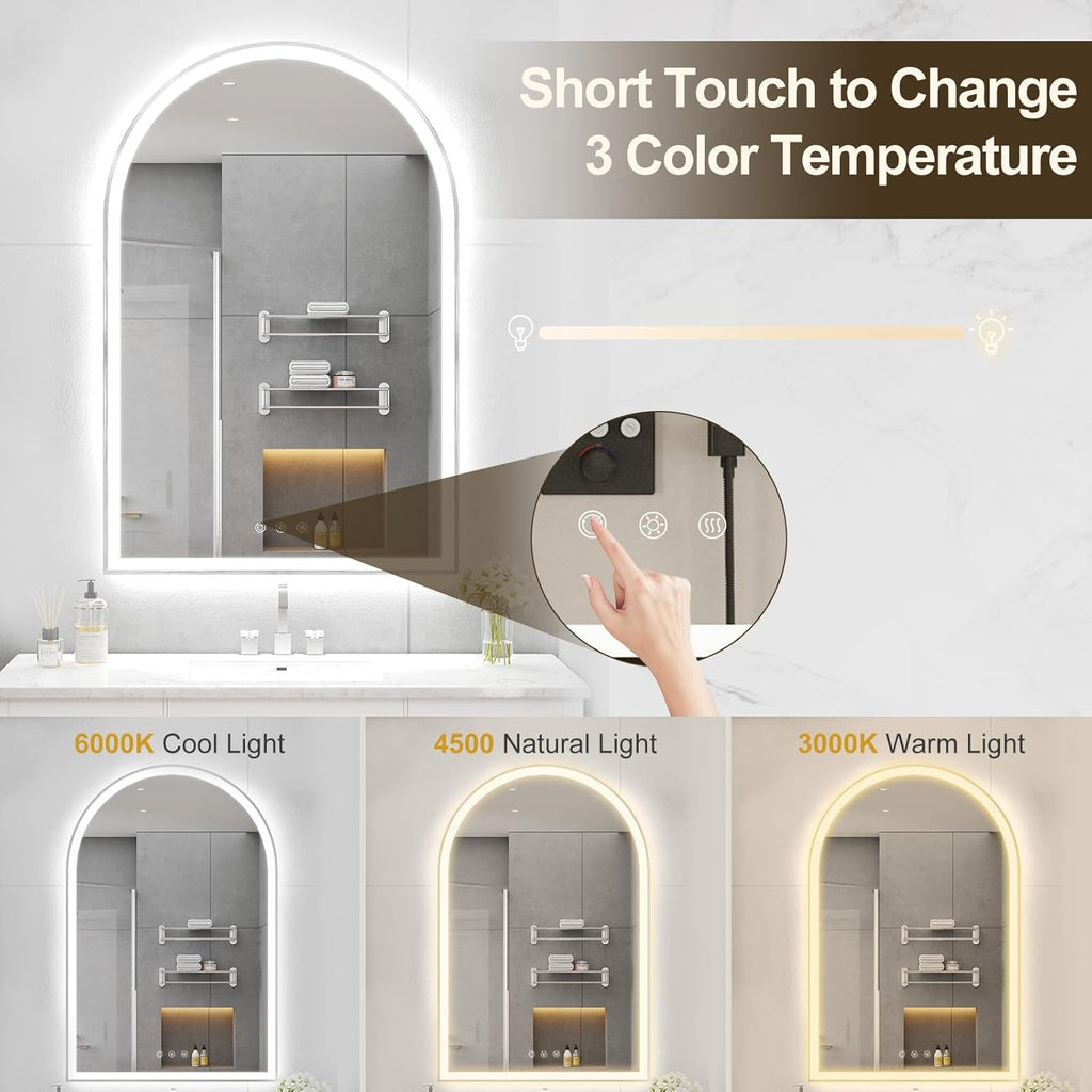 24"x36" Arched LED Bathroom Mirror with Lights Fogless Dimmable Shatterproof 3 Color Changing Touch Sensor Silver Zevon