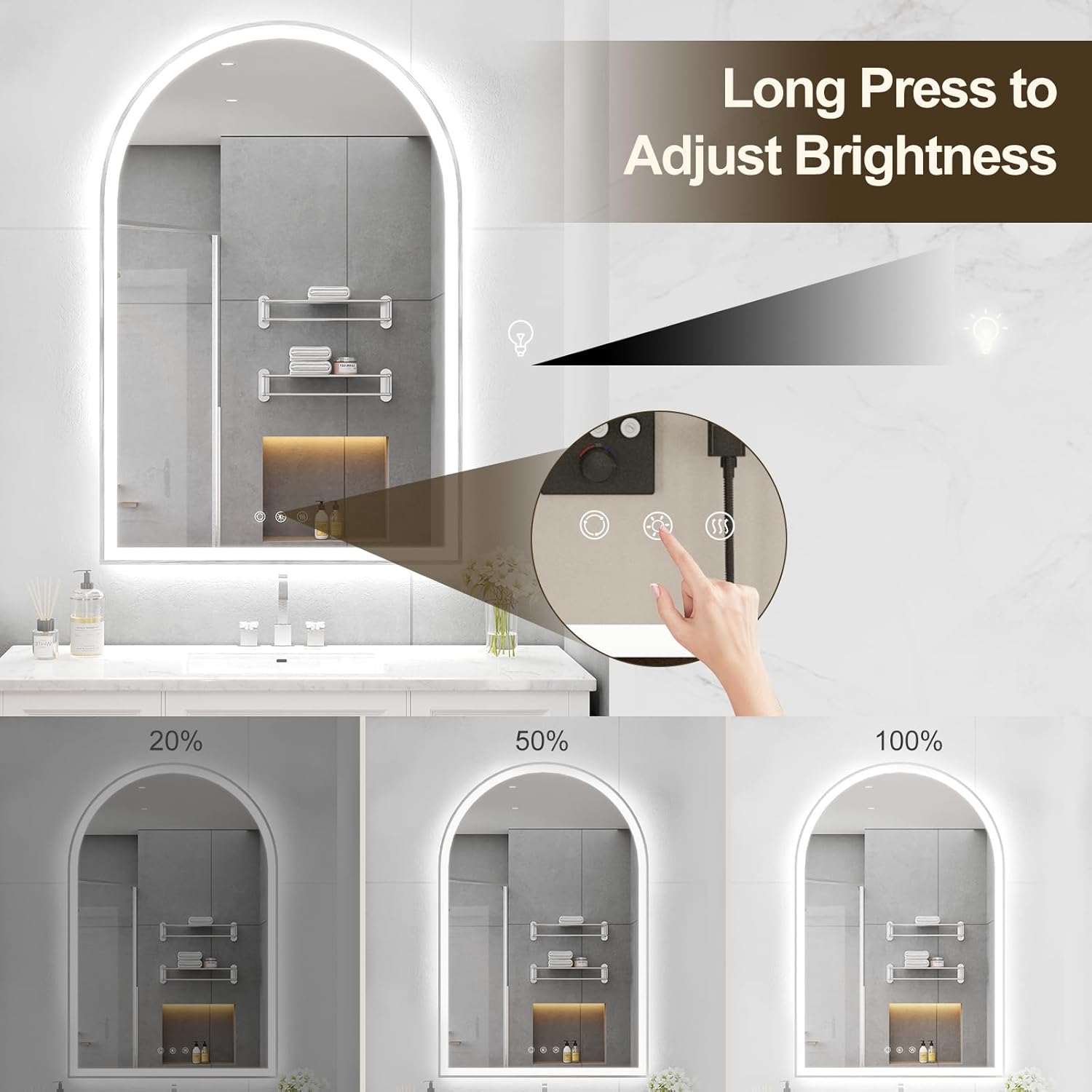24"x36" Arched LED Bathroom Mirror with Lights Fogless Dimmable Shatterproof 3 Color Changing Touch Sensor Silver Zevon