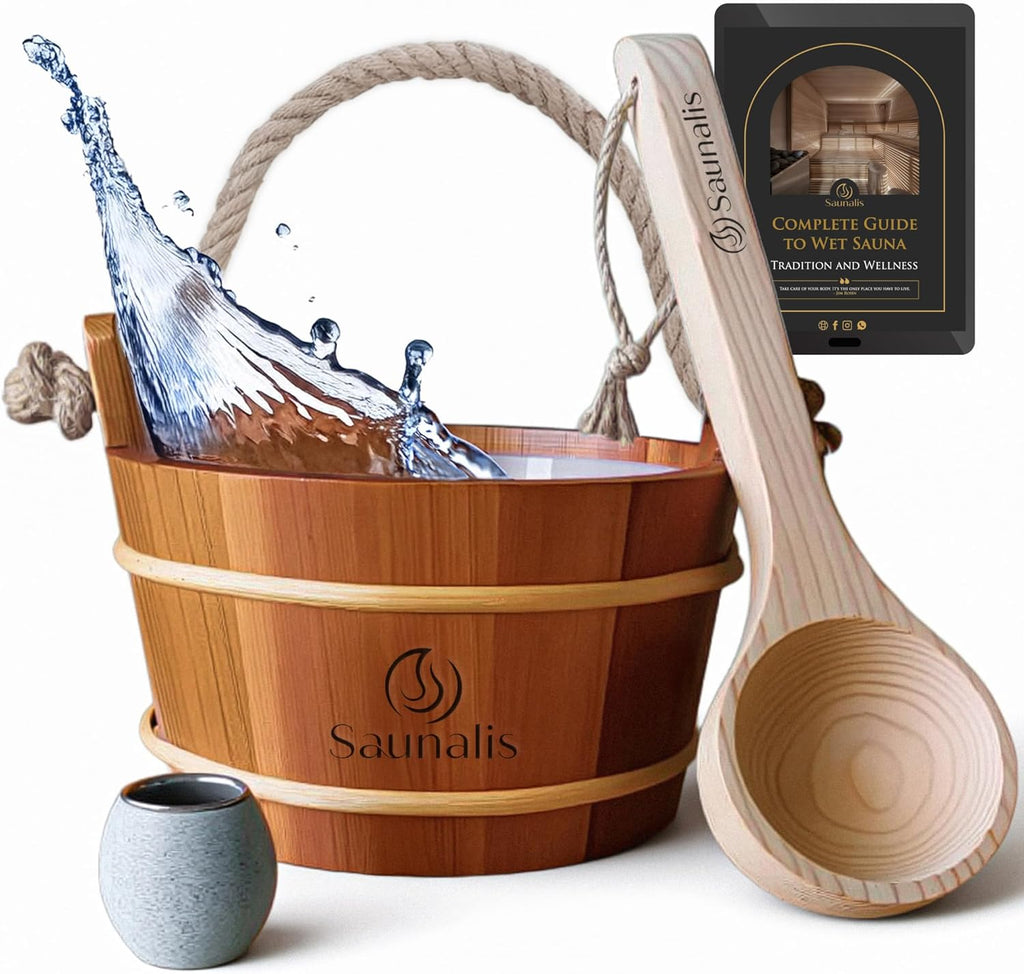 Canadian Red Cedar Wooden Sauna Water Bucket 1-Gallon with Liner, Rope Handle & Aromatherapy Diffuser Cup Zevon