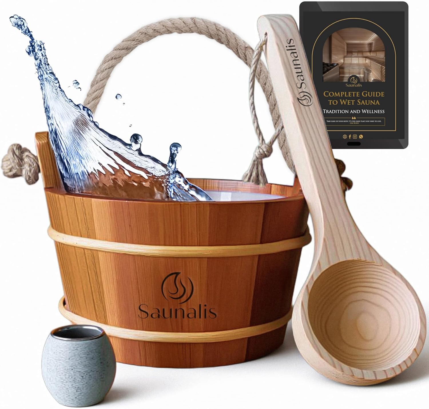 Canadian Red Cedar Wooden Sauna Water Bucket 1-Gallon with Liner, Rope Handle & Aromatherapy Diffuser Cup Zevon