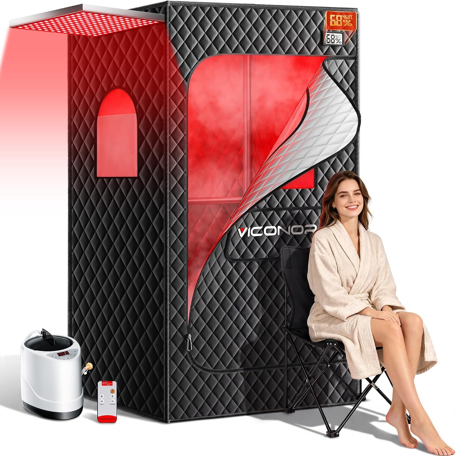 Viconor Portable Infrared Sauna Box with Red Light Therapy 5-Layer Waterproof Insulated 3L 1200W Steamer Zevon